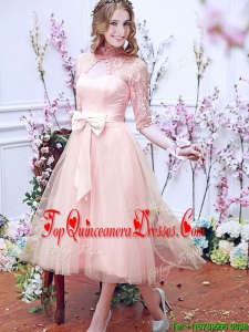 Fashionable See Through High Neck Half Sleeves Damas Dress with Bowknot