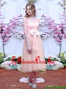 Fashionable See Through Scoop Half Sleeves Damas Dress with Bowknot