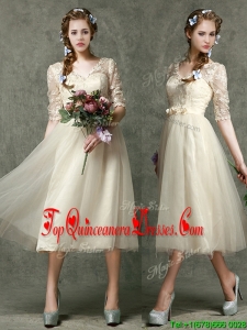 Romantic V Neck Half Sleeves Damas Dress with Lace and Belt