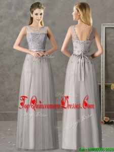 Cheap See Through Scoop Grey Long Damas Dress with Appliques