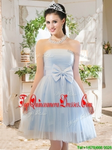 Elegant A Line Strapless Bowknot Short Damas Dress in Light Blue