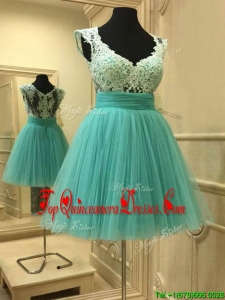 Elegant Deep V Neckline Short Damas Dress with Lace
