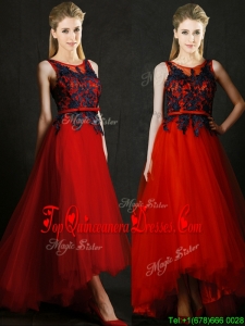 Fashionable High Low Belted and Black Applique Damas Dress in Red