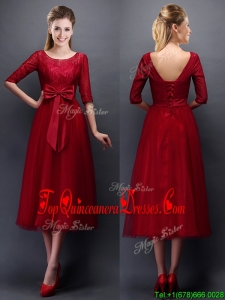 Gorgeous Scoop Half Sleeves Bowknot Dama Dress in Wine Red