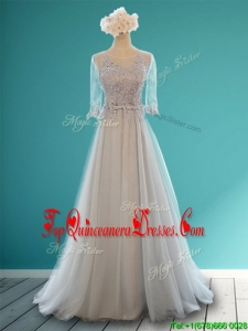 Luxurious Scoop Half Sleeves Grey Damas Dress with Appliques and Belt