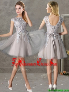 Most Popular Bateau Cap Sleeves Grey Damas Dress with Lace
