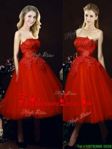 Perfect Puffy Skirt Strapless Applique Tea Length Red Damas Dress