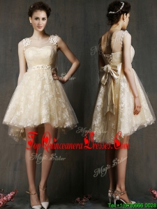 See Through Scoop Champagne Damas Dress with Hand Made Flowers and Bowknot