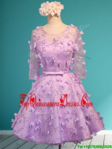 See Through Scoop Half Sleeves Damas Dress with Appliques and Belt