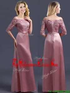 Sweet Off the Shoulder Half Sleeves Damas Dress with Lace and Belt