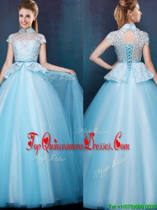 Elegant High Neck Cap Sleeves Quinceanera Dama Dress with Bowknot and Lace