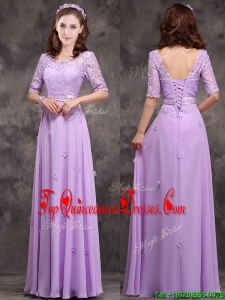 Exclusive Scoop Half Sleeves Lavender Damas Dress with Appliques and Lace