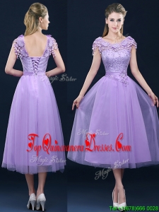 Fashionable Cap Sleeves Lavender Damas Dress with Lace and Appliques