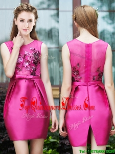Fashionable Column Scoop Applique Hot Pink Damas Dress in Satin