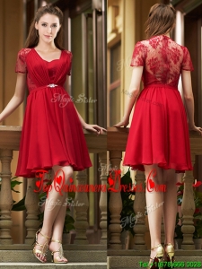 Fashionable See Through Back Red Short Damas Dress with Short Sleeves