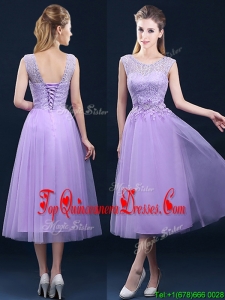 Fashionable See Through Laced and Applique Damas Dress in Tea Length