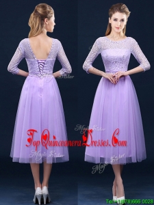 Latest Half Sleeves Tea Length Laced Damas Dress in Lavender