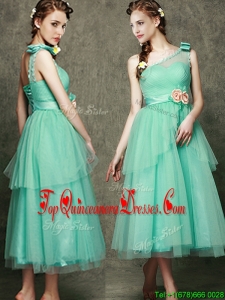 See Through One Shoulder Quinceanera Dama Dress with Bowknot and Hand Made Flowers