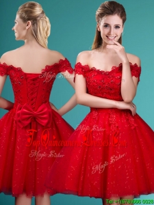 Wonderful Off the Shoulder Cap Sleeves Damas Dress with Beading and Bowknot