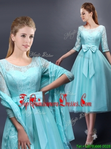 Romantic Aqua Blue Scoop Half Sleeves Quinceanera Dama Dress with Bowknot