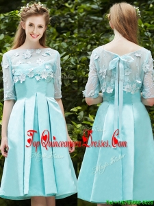 See Through Bateau Half Sleeves Appliques Quinceanera Dama Dress in Apple Green