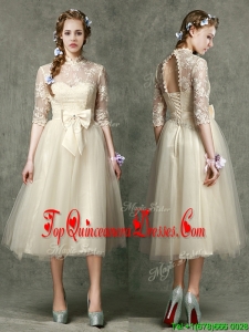 See Through High Neck Half Sleeves Quinceanera Dama Dress with Lace and Bowknot
