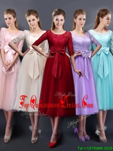 Wonderful See Through Scoop Half Sleeves Quinceanera Dama Dress with Bowknot