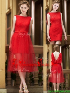 Exclusive Bateau Lace Tea Length Quinceanera Dama Dress in Red