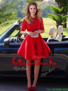 Exquisite Laced Scoop Half Sleeves Quinceanera Dama Dress in Red