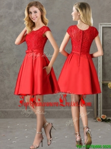 Gorgeous Scoop Cap Sleeves Red Quinceanera Dama Dress with Lace and Bowknot
