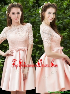 Lovely High Neck Short Sleeves Quinceanera Dama Dress with Lace and Bowknot