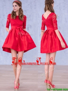 Romantic Bowknot and Laced Scoop Half Sleeves Quinceanera Dama Dress in Red