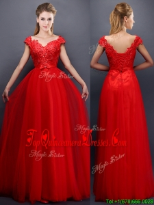 Classical Beaded V Neck Red Quinceanera Dama Dress with Cap Sleeves