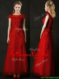 Elegant Empire Applique Red Quinceanera Dama Dress with Cap Sleeves