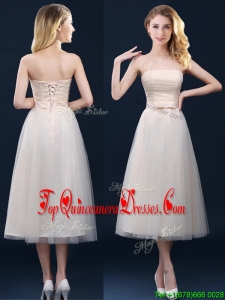 Low Price Strapless Belt Champagne Long Quinceanera Dama Dress in Tulle