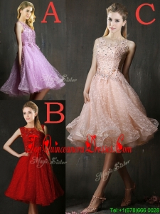Modern Bateau Beaded and Applique Quinceanera Dama Dress with Polka Dot