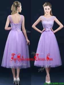 Popular See Through Applique and Belt Quinceanera Dama Dress in Tulle