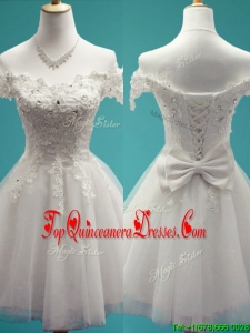 Gorgeous White Off the Shoulder Cap Sleeves Quinceanera Dama Dress with Beading and Bowknot