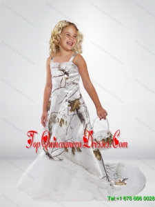 2015 New Arrival A Line Straps Camo Kid Pageant Dresses with Brush Train Beading