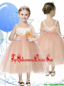 Affordable Spaghetti Straps Hand Made Flowers Mini Quinceanera Dress in Champagne