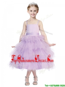 Beautiful Spaghetti Straps Lavender Mini Quinceanera Dress with Beading and Ruffled Layers