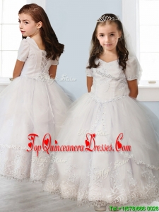 Best Square Short Sleeves White Mini Quinceanera Dress with Beading and Appliques