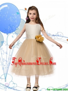 New Scoop Champagne Mini Quinceanera Dress with Hand Made Flowers and Bowknot