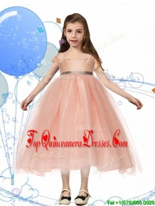 Perfect Square Cap Sleeves Sashes Mini Quinceanera Dress in Peach