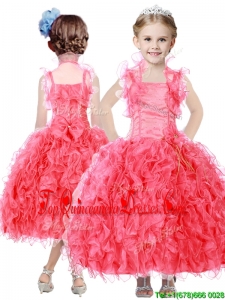 Beautiful Beaded and Ruffled Straps Mini Quinceanera Dress in Coral Red