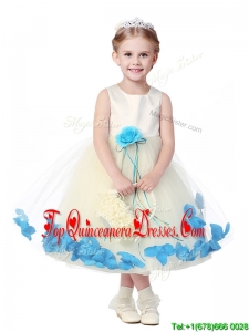 Lovely Tea Length Scoop Mini Quinceanera Dress with Hand Made Flowers and Appliques