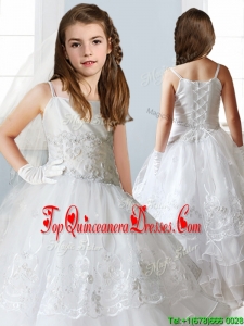 Luxurious White Spaghetti Straps New Arrival Kid Pageant Dresses with Appliques and Ruffled Layers