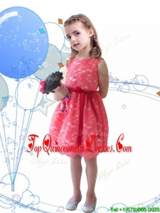 New Style Scoop Sashes and Lace Mini Quinceanera Dress in Coral Red