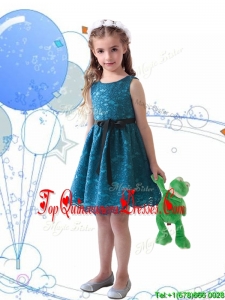 Wonderful Laced and Sashed Scoop Mini Quinceanera Dress in Teal