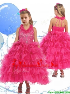 Latest Halter Top Beading and Ruffled Layers New Arrival Kid Pageant Dresses in Hot Pink